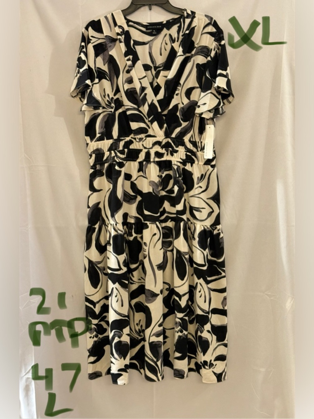 Black on Cream Floral Surplice Midi Dress